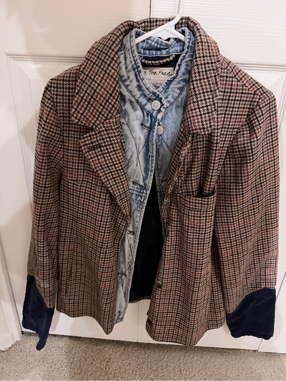 Checked Wool-Blend Coat with Navy Elbow Patches - The Free